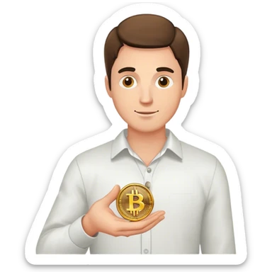 man holding bitcoin sticker