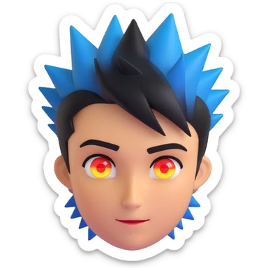 round emoji face left side black shadow, right side glowing golden, left eye red glowing, right eye blue calm, smirk tilted to the side confident, short spiky hair half black half golden, no background, silent power and confidence sticker