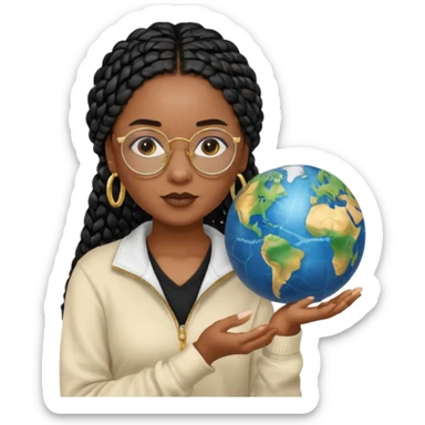 a young woman wearing fine gold round glasses and black hair in several box braids, no earrings, she has light black skin, and she's wearing a white shirt with a black quarterzip sweater. She's holding a globe in one hand sticker