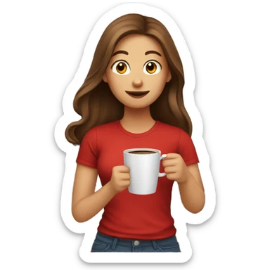barista girl in a red t-shirt with long brown hair, with a cup of coffee in a hand sticker