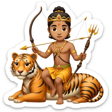 Ayyappa sitting on tiger with bow and arrow and wearing a gold and king dress sticker