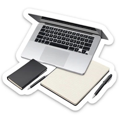 top view of a MacBook and a notebook with a pen nearby sticker