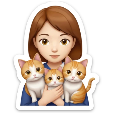 Asian girl, brown hair, brown eyes skin tone fair holding three cats one ginger, one yellow white one British short hair and cream colour sticker