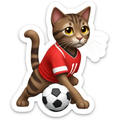 dark brown tabby cat playing soccer in a red soccer jersey sticker