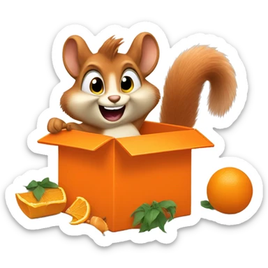 The squirrel is excited, tearing into a large orange box with items spilling out. sticker