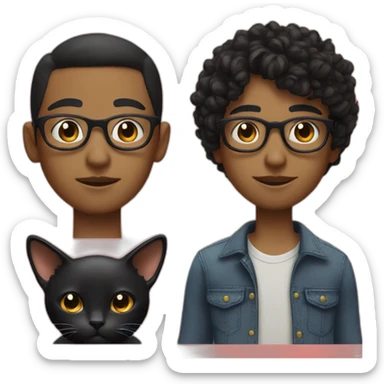 the head of a boy with dark curly very short hair and white glasses and next to the head is the head of a black cat sticker