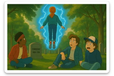 Max from Stranger Things levitating with her back to the viewer, floating in front of Lucas, Steve, and Dustin, who are all looking at her. Dustin is visibly frightened. Ghibli style, wide aspect ratio (16:9), supernatural glowing effects, dramatic mood. sticker