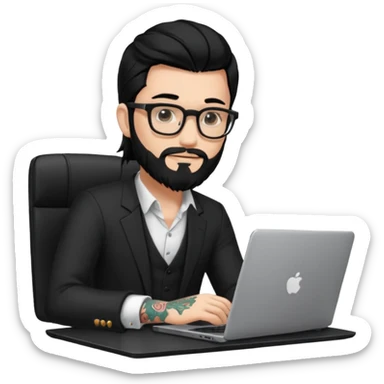 a young man with long black hair, with formal cloth, beard, wearing glasses sitting with a laptop, tattoo inyout arms sticker