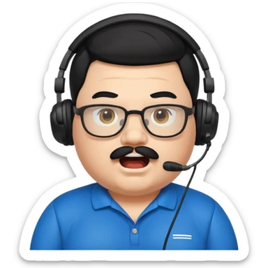 "A cartoon-style emote of a chubby streamer with black hair, mustache, and glasses, wearing a headset and a black Puma shirt. He has a shocked facial expression with wide eyes and an open mouth.

 sticker