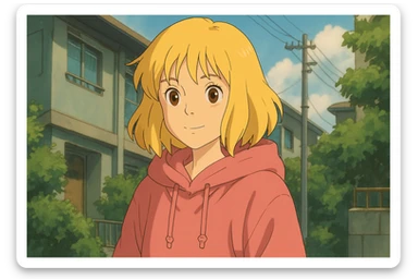 A girl yellow hair brown eyes pink Urban Heavy Loose Fit Hood Sweat sticker