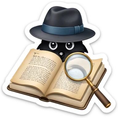 Icon for Detective Reading: an open book with text and a magnifying glass, a detective’s hat and a notebook with clues, surrounded by dark shadows and mysterious elements like footprints. Transparent background. sticker