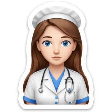 pretty female nursing student with long brown hair, blue eyes inside a classroom at university sticker