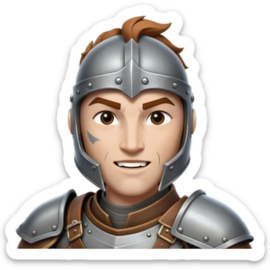 Cinematic Realistic WoW Human Warrior Portrait, head tilted dramatically with an exaggeratedly amused expression, blending rugged heroism with a hint of lighthearted charm. His chiseled face, framed by meticulously rendered steel armor and leather accents in consistent greys and bronzes, is brought to life with dynamic lighting and high shine, dramatic yet whimsical, capturing the essence of a warrior whose epic might is coupled with an approachable, playful demeanor. sticker