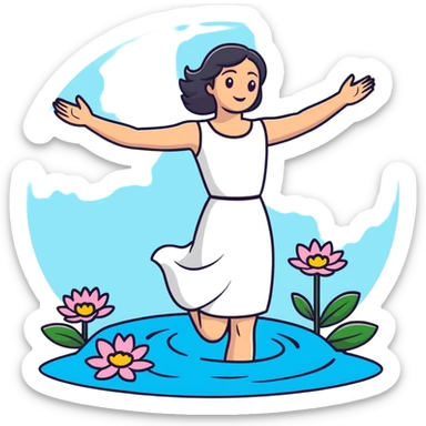 Ophelia floating in water surrounded by flowers, woman in dress with arms outstretched, based on the famous painting by John Everett Millais sticker