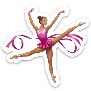 A graceful rhythmic gymnast performing with a flowing ribbon, executing an elegant leap mid-air. The pose exudes flexibility, balance, and artistry. The background suggests a competition arena with soft lighting, emphasizing movement, precision, and the beauty of the sport. sticker