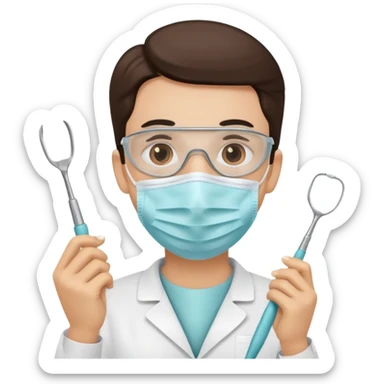 dentist with mask, holding dental tool sticker
