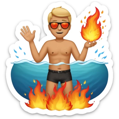 Comic emoji of man trying to fan himself because it's sunny then suddenly his butt is on fire but then it got bigger and then goes to the ocean but makes the fire bigger sticker