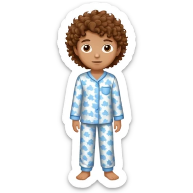 a boy with tan skin, brown curly hair, brown eyes, skinny, and wearing pajamas  sticker