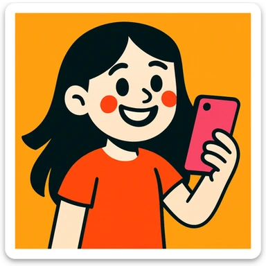 smiling white girl with long black hair holding cellphone sticker