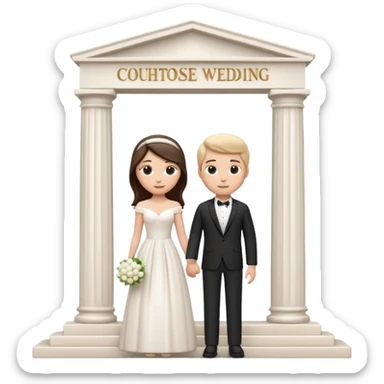 A 3D cartoon courthouse wedding venue with a bride and groom standing at the entrance, elegant white columns, soft natural lighting, simple modern decor, minimal background, realistic Memoji-style rendering. sticker