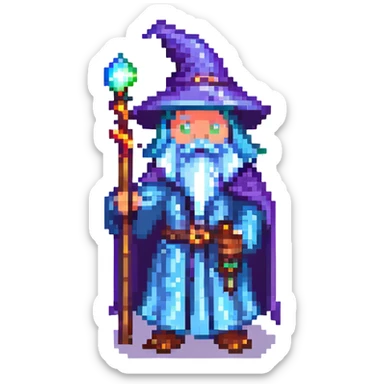 Add a magical glowing aura around the wizard bean holding a staff in pixel art style with no background. sticker