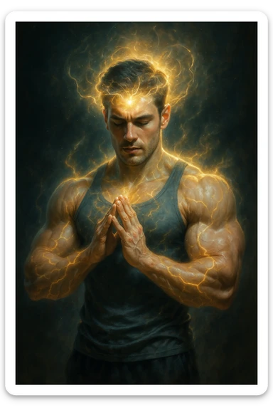 realistic cinematic style, inspirational atmosphere, man growing muscular just by imagining training, visual effects showing the power of the mind, 2:3 aspect ratio sticker