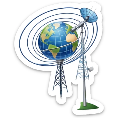 An icon featuring a satellite dish, cell tower with signal waves, and an earth, connected by lines, symbolizing telecommunications. The design includes data signals, network nodes, and a mobile device, representing global digital communication. Transparent background sticker