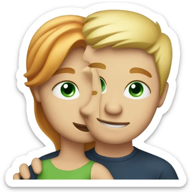 Lady with red and blonde hair with green eyes giving the man with blonde hair and blue eyes a hug sticker