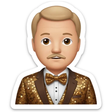 Kyle Gass with dark blonde hair, brown sequin suit with bow tie sticker
