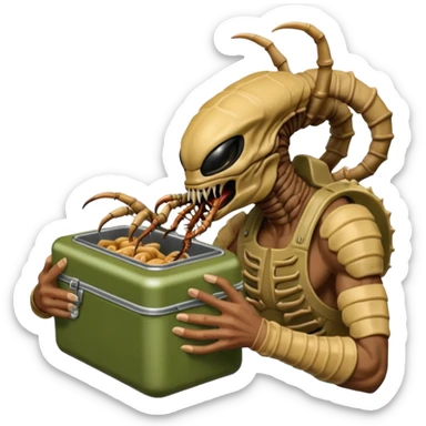 The original Predator with mask and mouth piece eating an Alien facehugger from a lunchbox, the setting should be dark and real. sticker