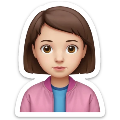 Create a cute emoji-style illustration of Eleven from Stranger Things: round face, big expressive eyes, short brown buzz-cut hair, pink jacket, simple nose and mouth, soft shading, bright colors, clean outline, minimal details, friendly expression, flat emoji style, white or transparent background. sticker