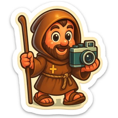 medieval pilgrim holding a camera, cartoonish, big eyes, retro stickers style sticker