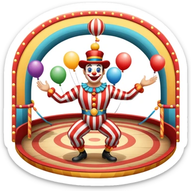Icon for Circus Arts: a vibrant round circus arena with a strongman in a striped costume, a juggler, and a clown performing. The icon should convey the excitement and fun of circus performances, with focus on the performers and the colorful setting. Transparent background. sticker