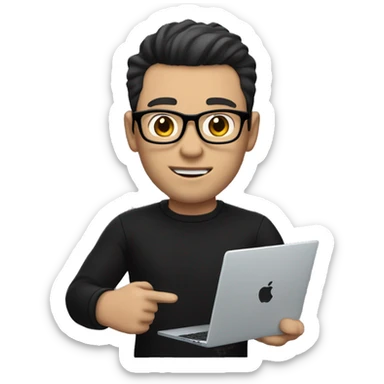     memoji of a man with a laptop in front, apple-style,modern,dark hair,black sweater,computer in hand,white skin, an avatar image gonna be round  sticker