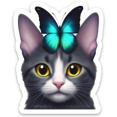 Dark iridescent butterfly glowing on top of cats head  sticker