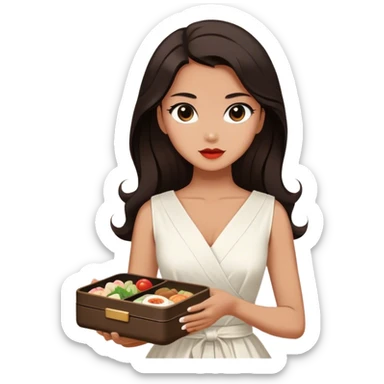 Beautiful woman in 1950’s woman fashion look, white dress, long dark brown hair, Japanese bento sticker