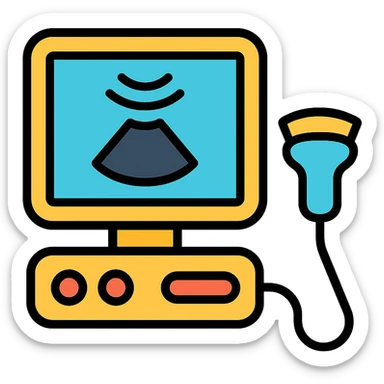 ultrasound machine, color outline icon style, focus on screen and probe sticker