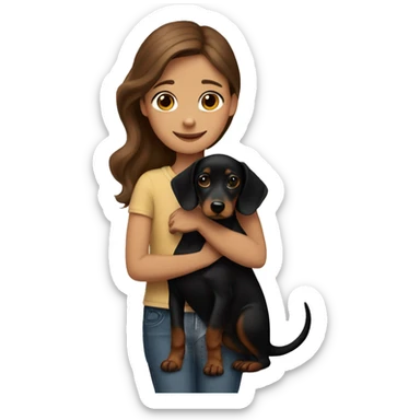 brown-haired girl hugging black dachshund with tan sticker