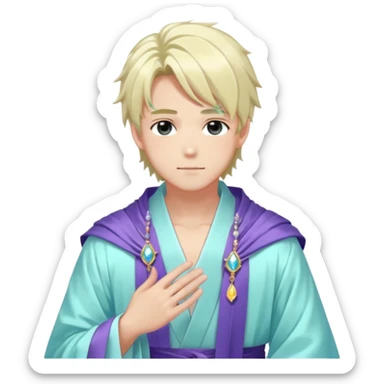 Beautiful gorgeous romantic blushing youthful handsome anime guy with beautiful iridescent-pastel-whitish-special-gently-tousled-medium-long-hair, fashion aesthetic, ethereal, fairycore, pastelcore, layered robes, accessories, jewelries, colorful, shiny, trending style, outside sticker
