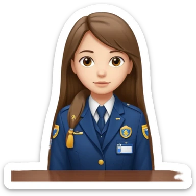 Young girl, long brown straight hair, wearing uniform jacket with hotel name badge, tasteful scarf, stand behind the desk

 sticker