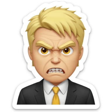 yellow round emoji face showing an angry and frustrated male boss expression, furrowed brows, clenched teeth, business attire hints sticker