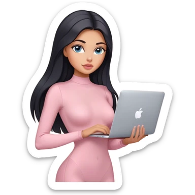 Glamours, tanned, very beautiful girl, with big pump peach-beige-rose lips, black straight smooth silky long hair, straight parting, blue-grey eyes, in light-pink bodysuit holding MacBook sticker