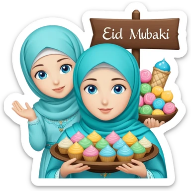 Turkish beautiful finish Konya girl blue eyes with turkis hijab islamic dress and had on her hand text Eid Mubarak with sweets and celebrating with her friends eid days   sticker