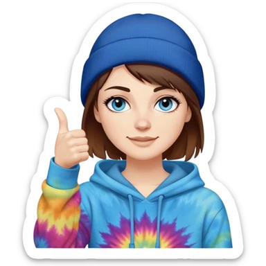 White woman with short brown hair  on her face under the beanie and blue eyes with long eyelashes and tiedye hoodie. i would like for her to be doing a thumbs up with one hand and be wearing a black beanie sticker
