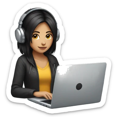 girl with black hair working on laptop with headphones sticker