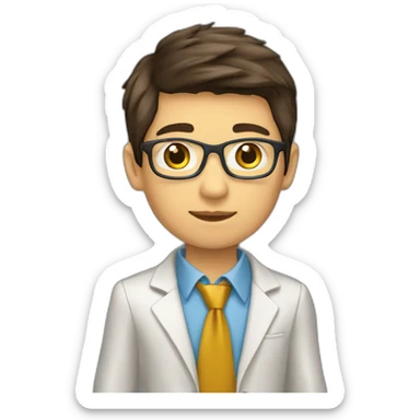 Classy programmer, 13 years old, coat, formal outfit, pc in hands, brunette boy, uses pc stays on pc sticker