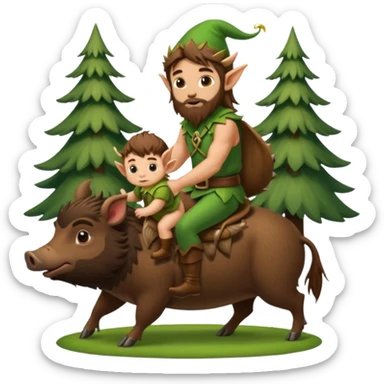 tiny forest elf man long brown hair beard riding baby boar sticker