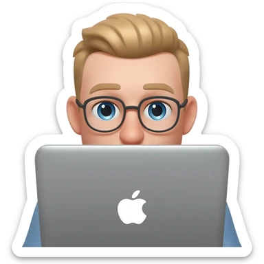 парень 30 лет с короткострижеными волосами без очков европейской внешности с голубыми глазами сидит за макбуком видно только глаза и лоб, остальное скрыто за макбуком  (волосы русого цвета) sticker