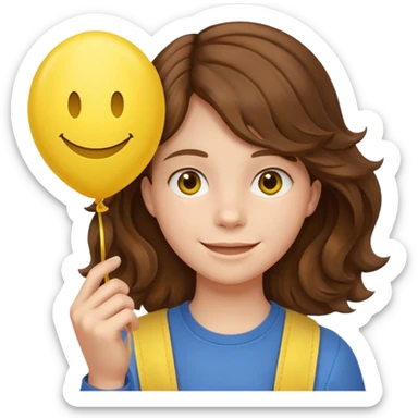 Teen wavy brown hair, with smiley-face balloon sticker