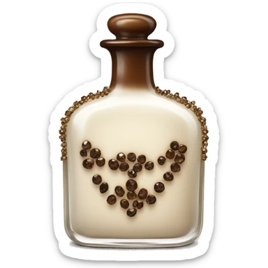 Antique parfumerie bottle with oil, made of bronze and brown crystals, white cream and coffee milk pour from the bottle sticker